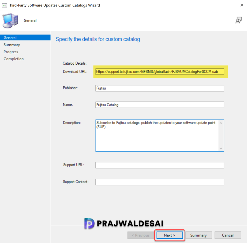 Specify Fujitsu Custom Catalog Download URL