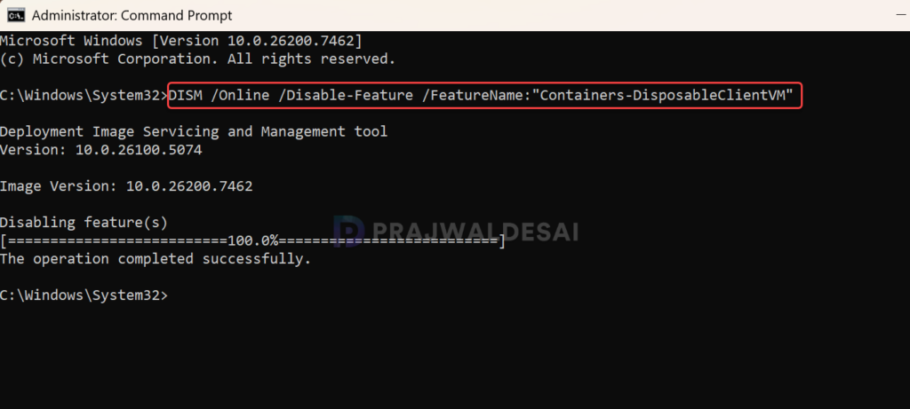 Disable Windows Sandbox using Command Prompt in Windows 11