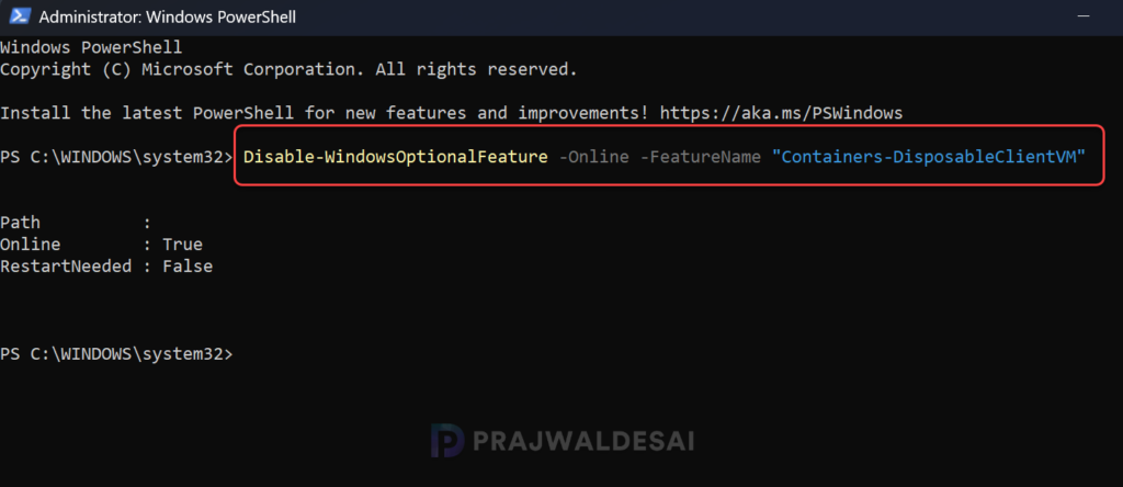 Disable Windows Sandbox using PowerShell in Windows 11