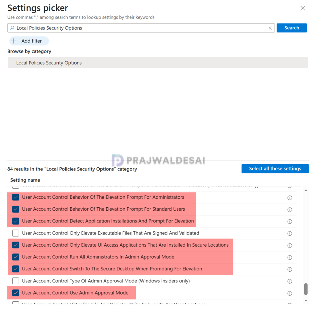 Selection of User Account Control settings in Intune