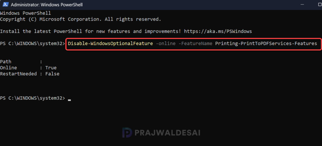 Disable Microsoft Print to PDF via PowerShell