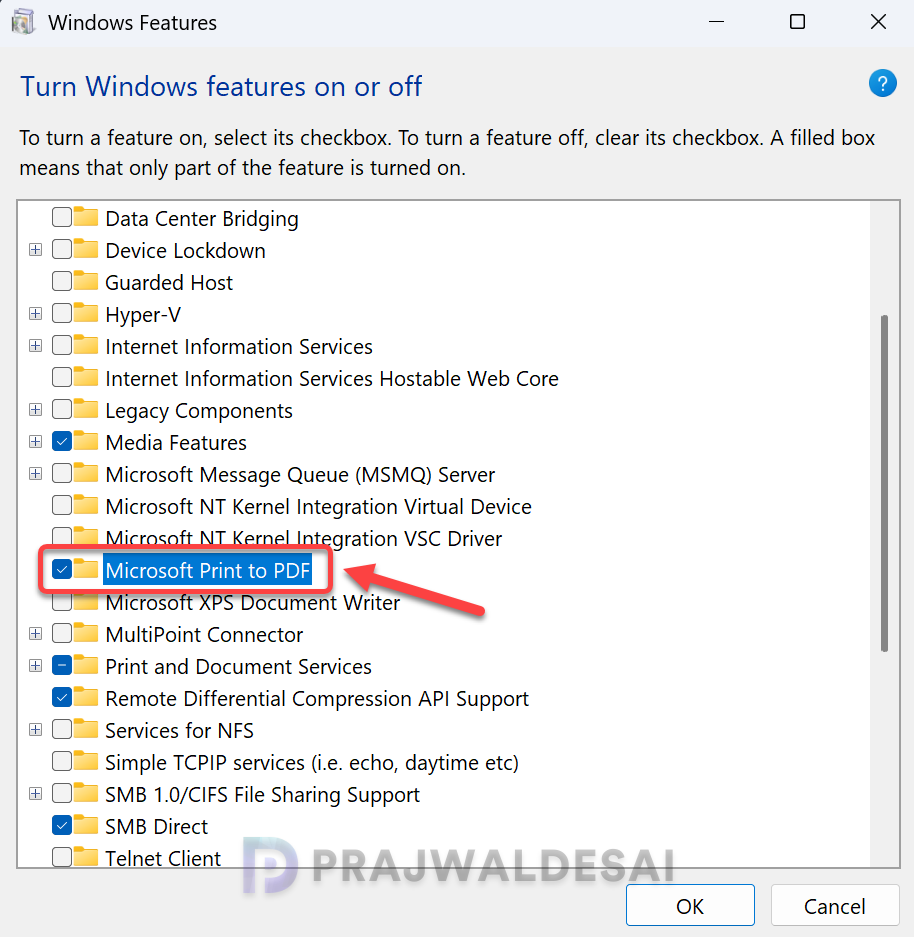 Re-Enable Microsoft Print to PDF Printer via Windows Features