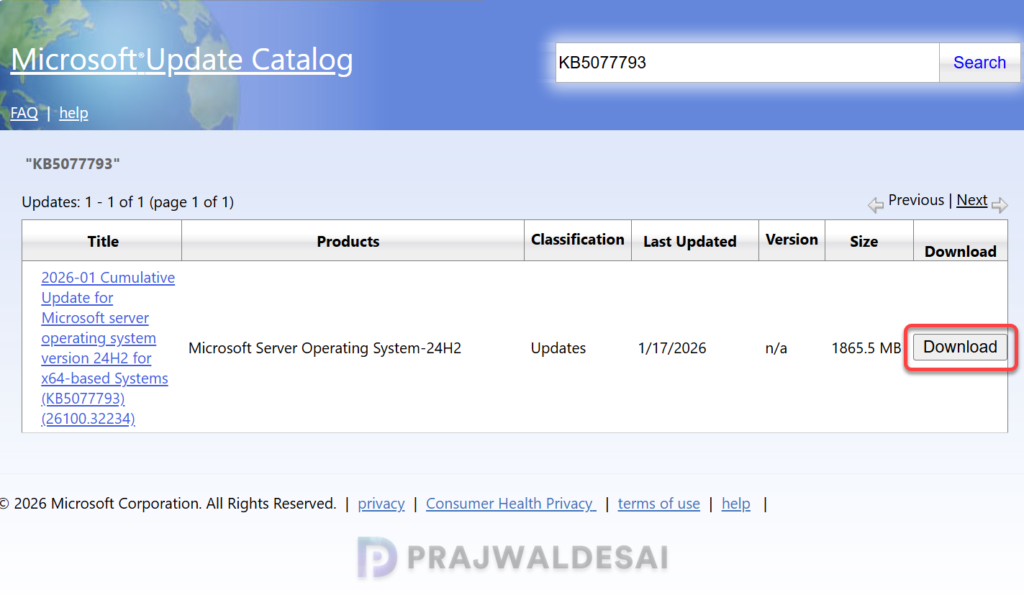 Installing KB5077793 OOB Update on Windows Server 2025