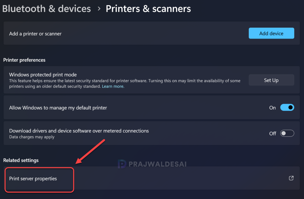 Select Printer Properties in Windows 11