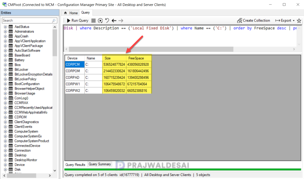 Use CMPivot to Find Disk Size and Free Space