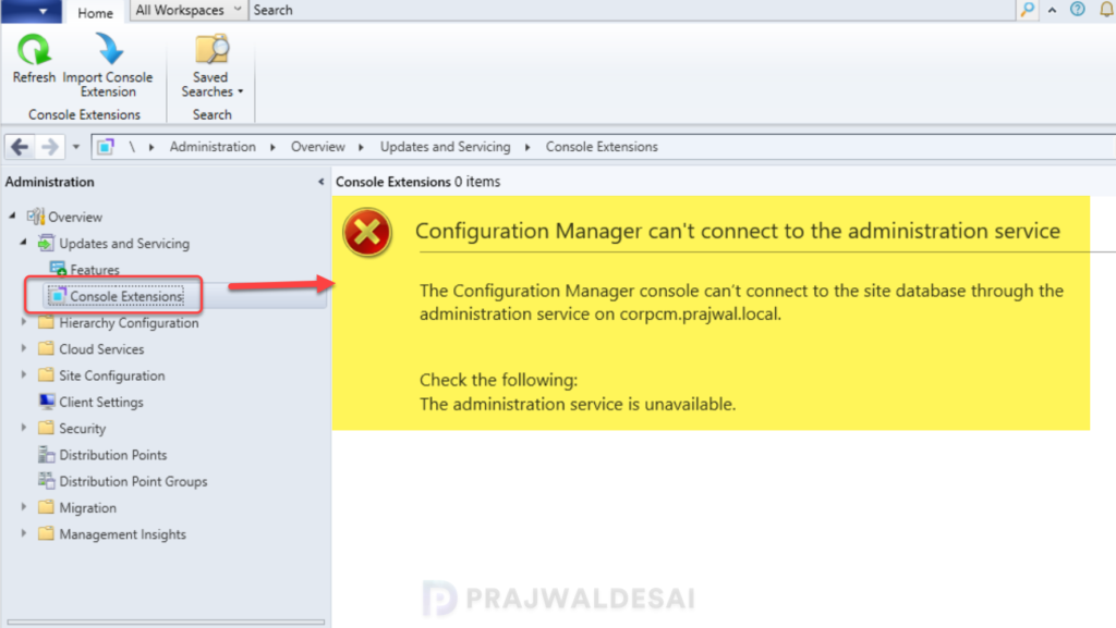 Configuration Manager can't connect to the administration service