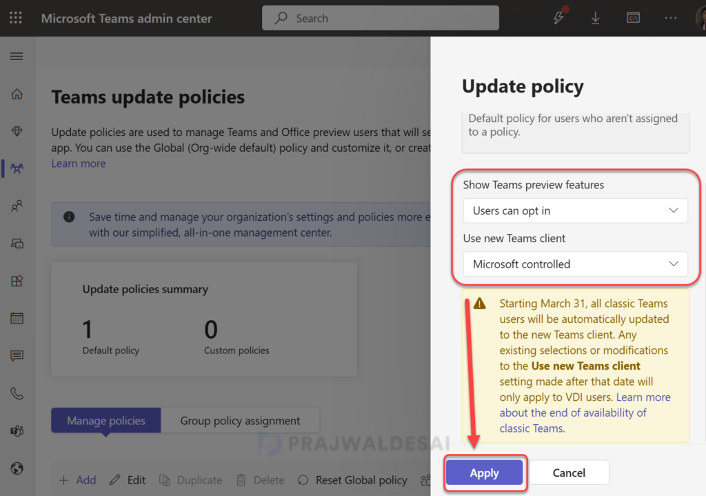 Configure Teams Update Policy for Preview Features