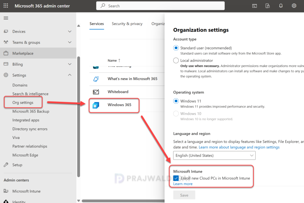 Microsoft 365 Admin Center - Enroll Windows 365 Business Cloud PCs in Intune