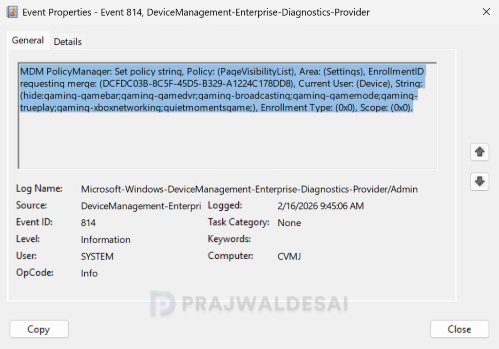 Event Viewer - Hide Gaming in Windows Settings
