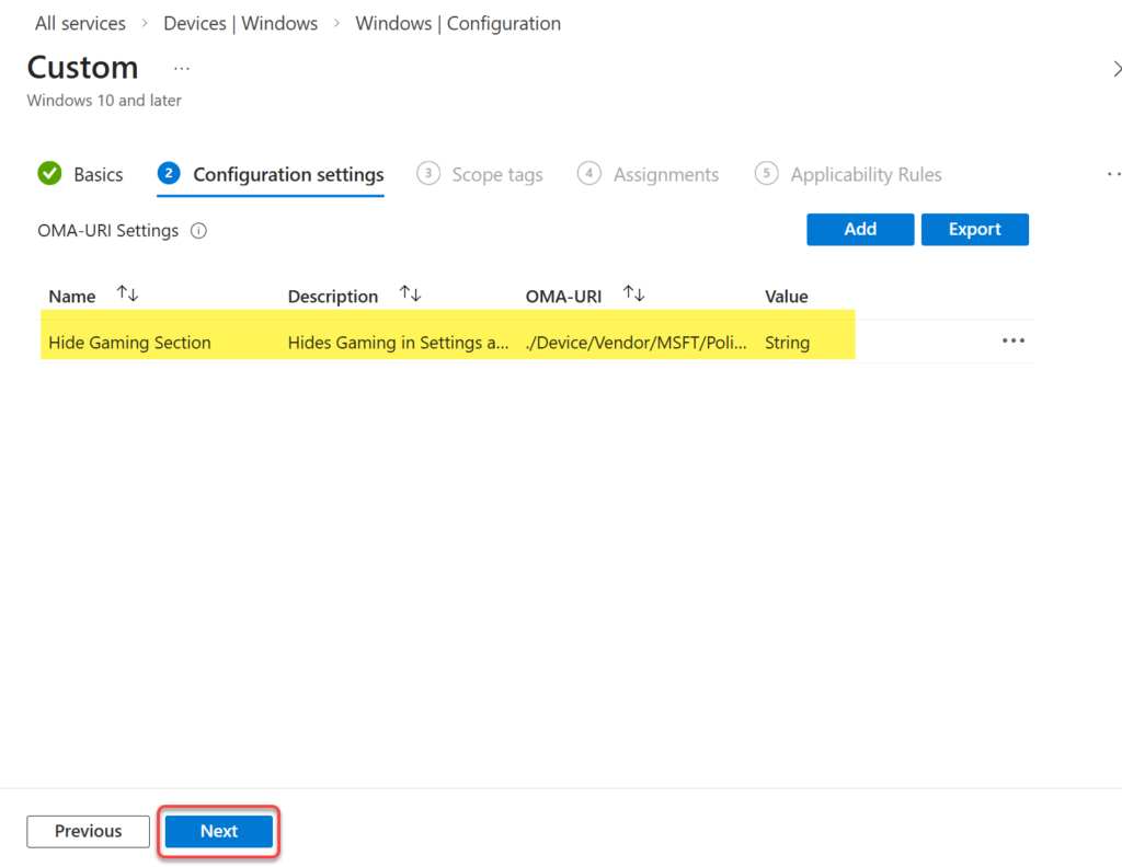 Hide Gaming in Windows Settings using OMA-URI