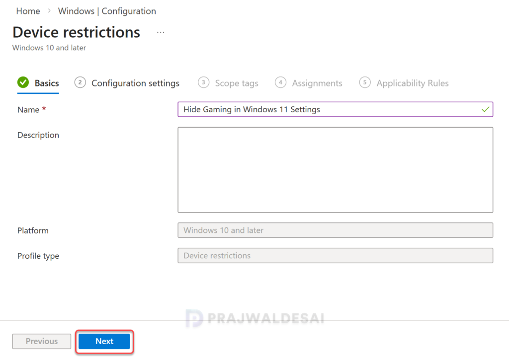 Create a device restrictions profile to hide gaming under Windows Settings