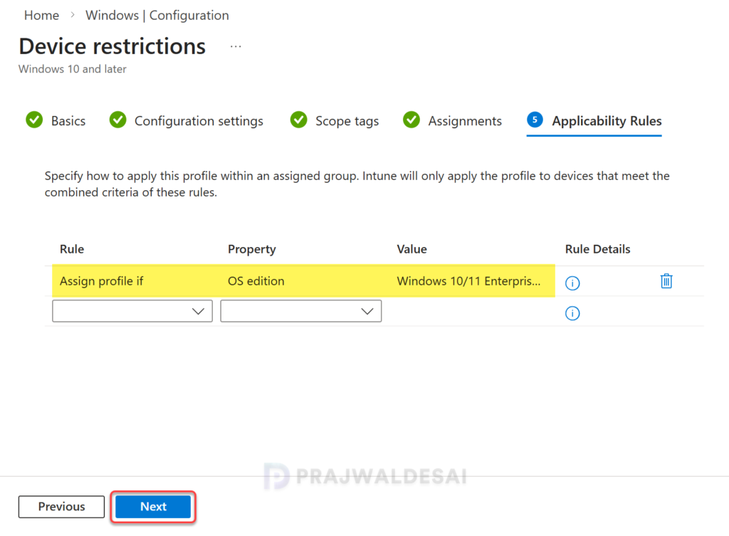 Specify Applicability Rules for Device Restrictions Profile
