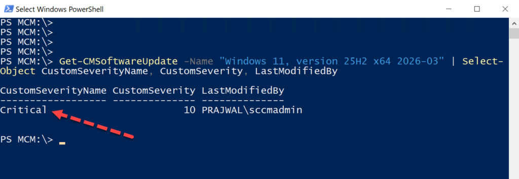 check the custom severity of a software update using PowerShell