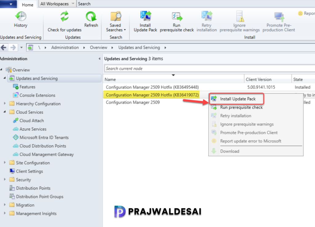 Install Configuration Manager Hotfix KB36419072