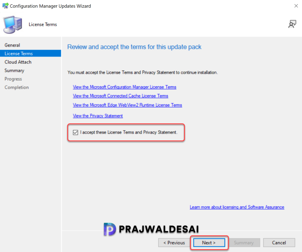 Accept License terms for installing SCCM Hotfix KB36419072