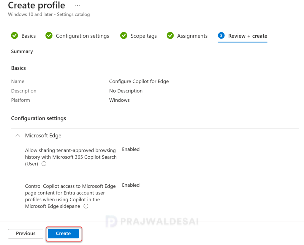 Create Intune Profile to manage copilot in Microsoft Edge