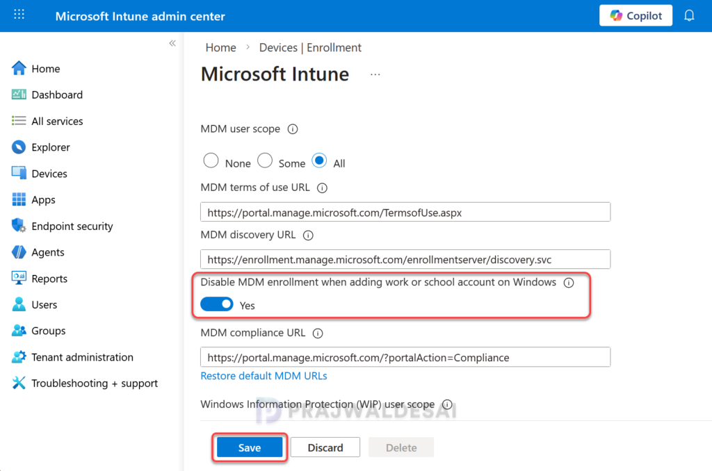 Disable MDM enrollment when adding work or school account
