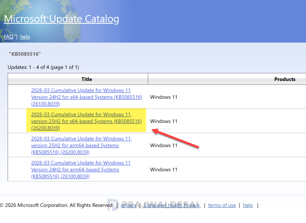 Download KB5085516 from Microsoft Update Catalog