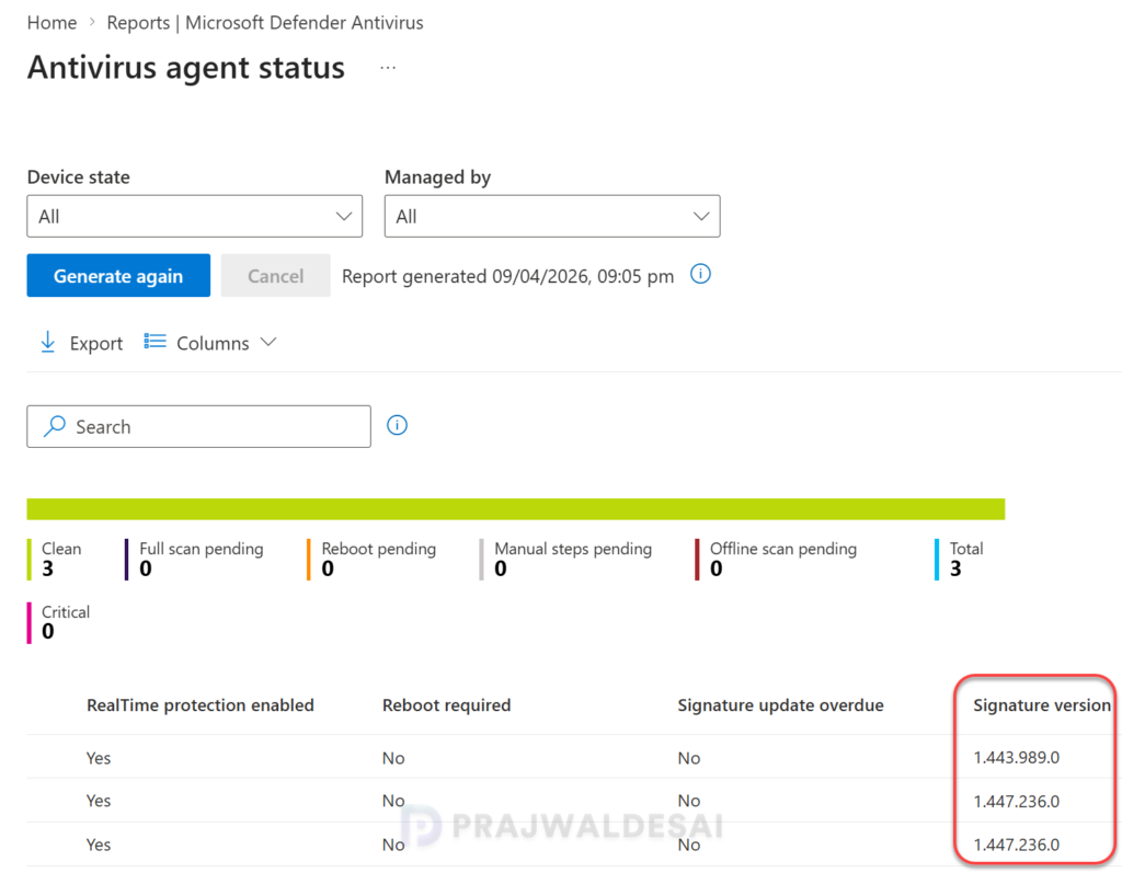 Check Defender AV Signature Version from Intune Admin Center