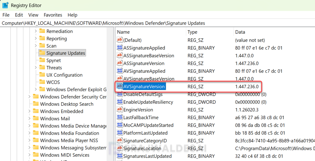 Check Defender AV Signature Version in Registry