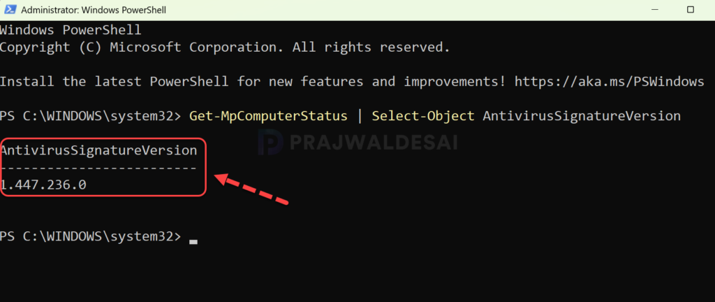 Check Defender AV Signature Version using PowerShell