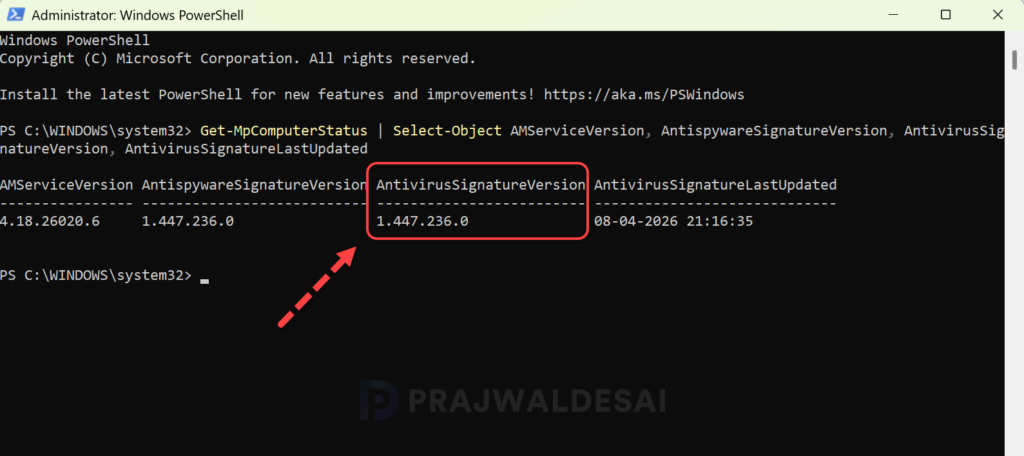Check Microsoft Defender AV Signature Version using PowerShell