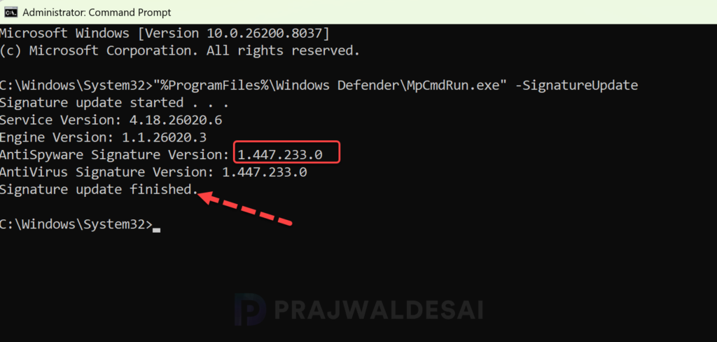 Determine Defender AV Signature Version using CMD Prompt