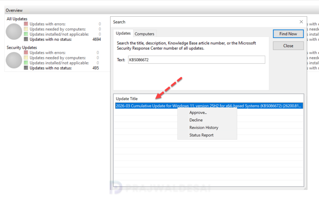 Import KB5086672 Update in WSUS