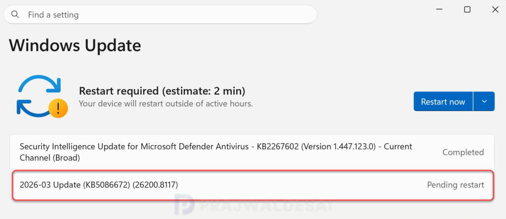 Installing KB5086672 via Windows Update