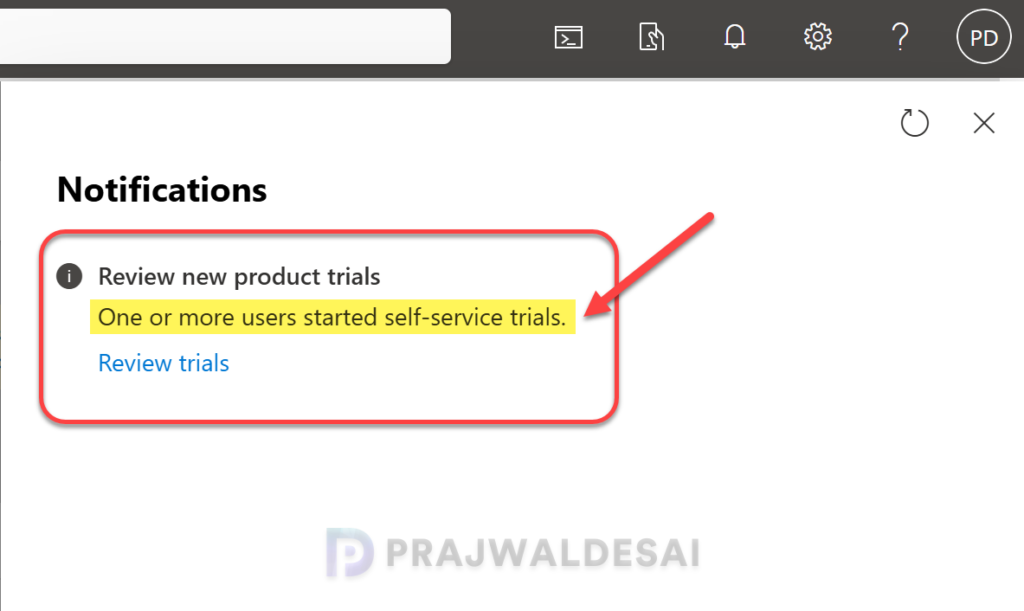 Microsoft 365 admin center notification on self service trials
