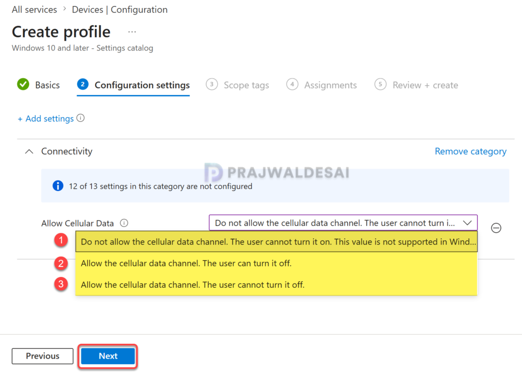 Allow or block cellular data using Intune for Windows devices