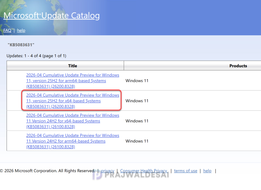 Download KB5083631 from Microsoft Update Catalog