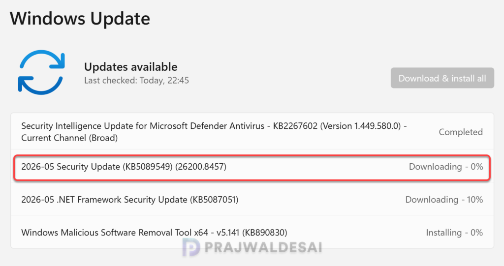 Installing KB5089549 via Windows Update