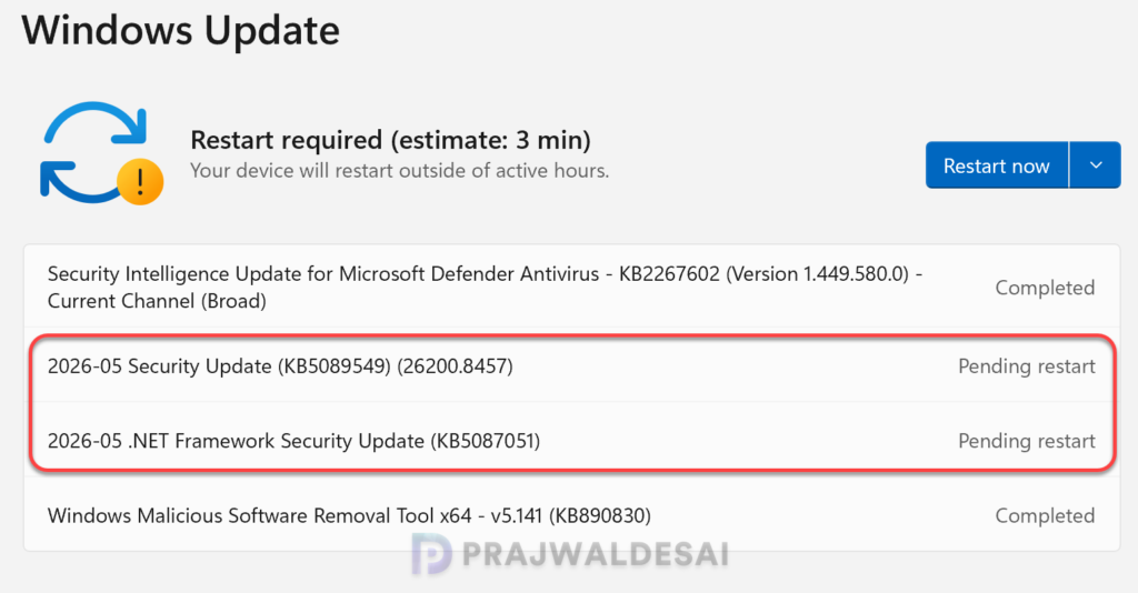 Restart computer to install KB5089549 and KB5087051 updates