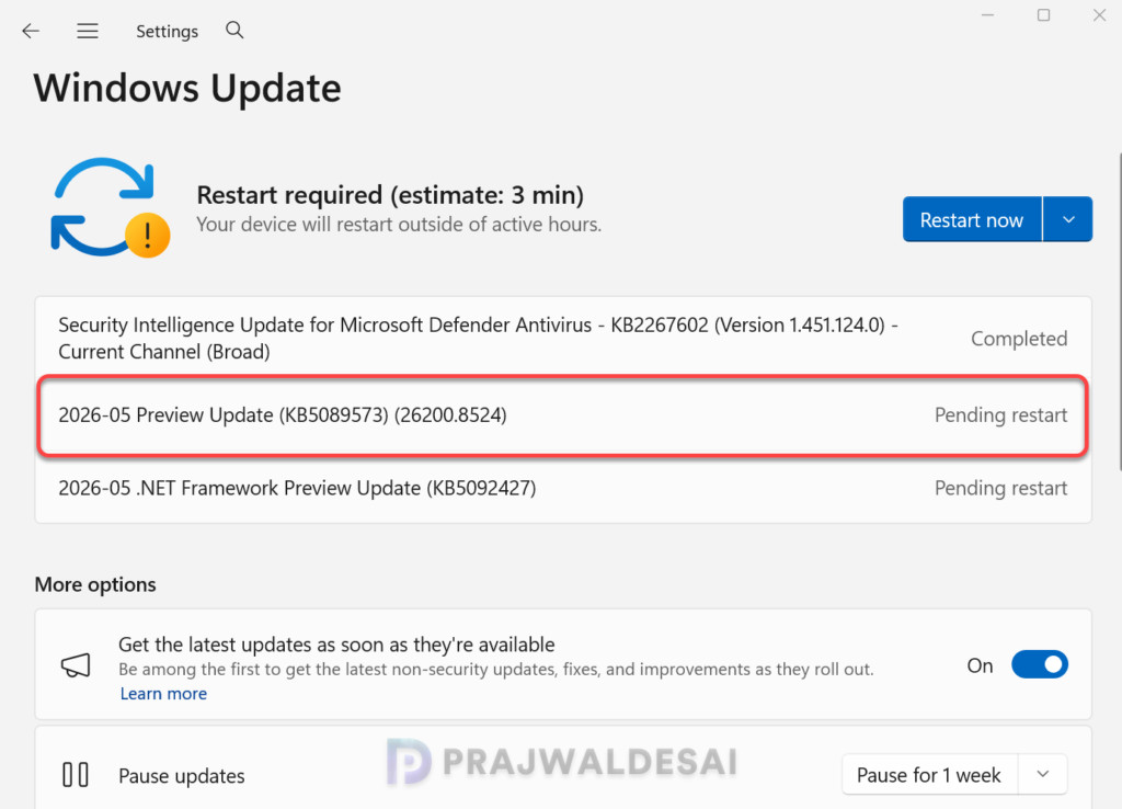 Restart PC to complete Windows 11 KB5089573 update installation