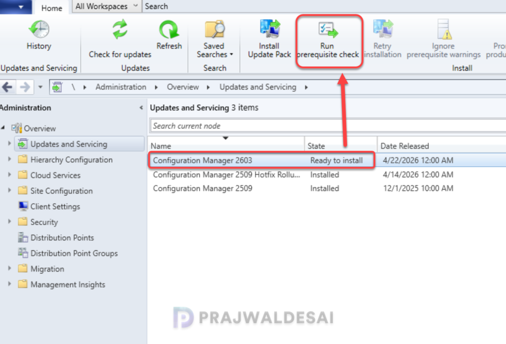 Run Prerequisite Checks for ConfigMgr 2603 Upgrade