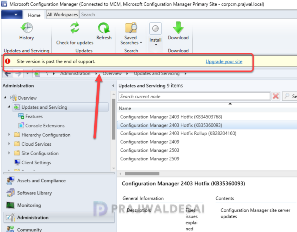Site version is past the end of support in SCCM Console
