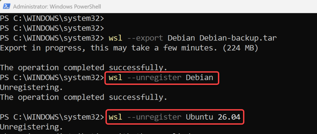 Unregister each Linux distro