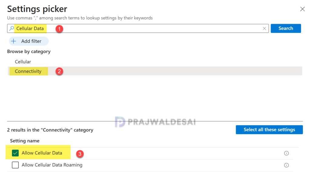 Using Settings catalog policy to allow or block cellular data for Windows devices