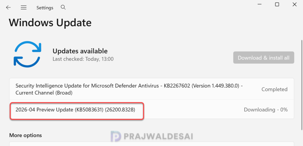 Installing KB5083631 via Windows Update