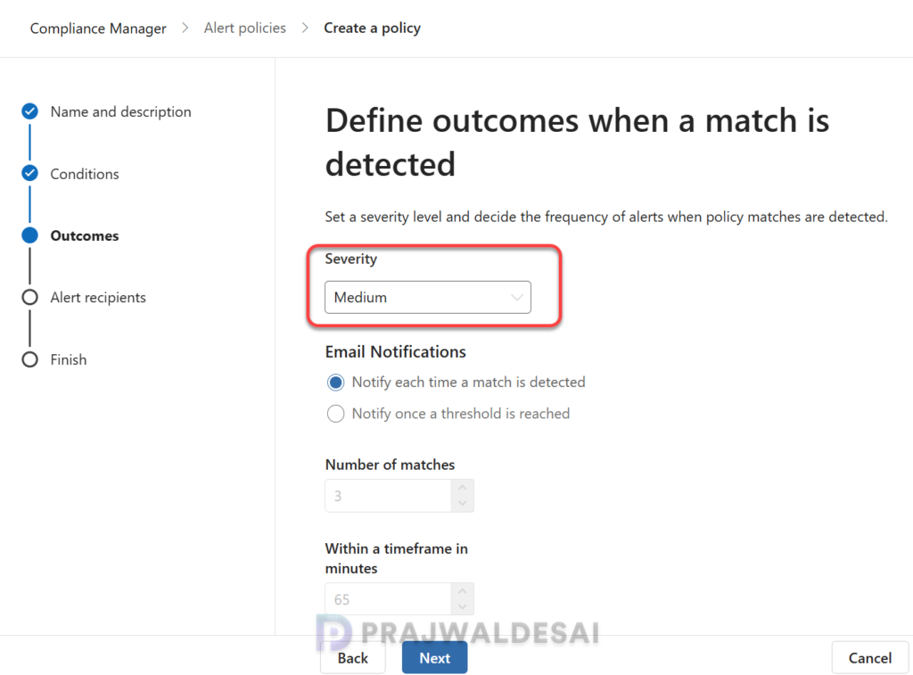 Define Outcomes for alert policy in Compliance Manager