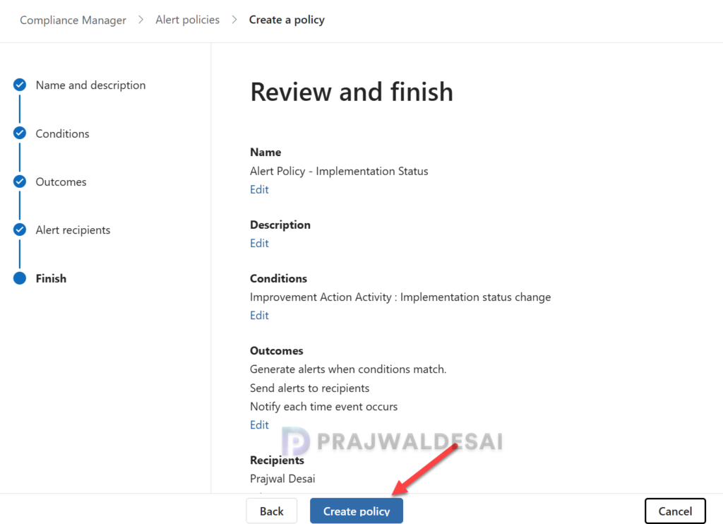 Review and create an alert policy in Compliance Manager