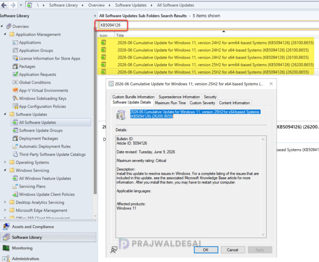 Deploy 2026-06 Cumulative Update for Windows 11 KB5094126 using SCCM