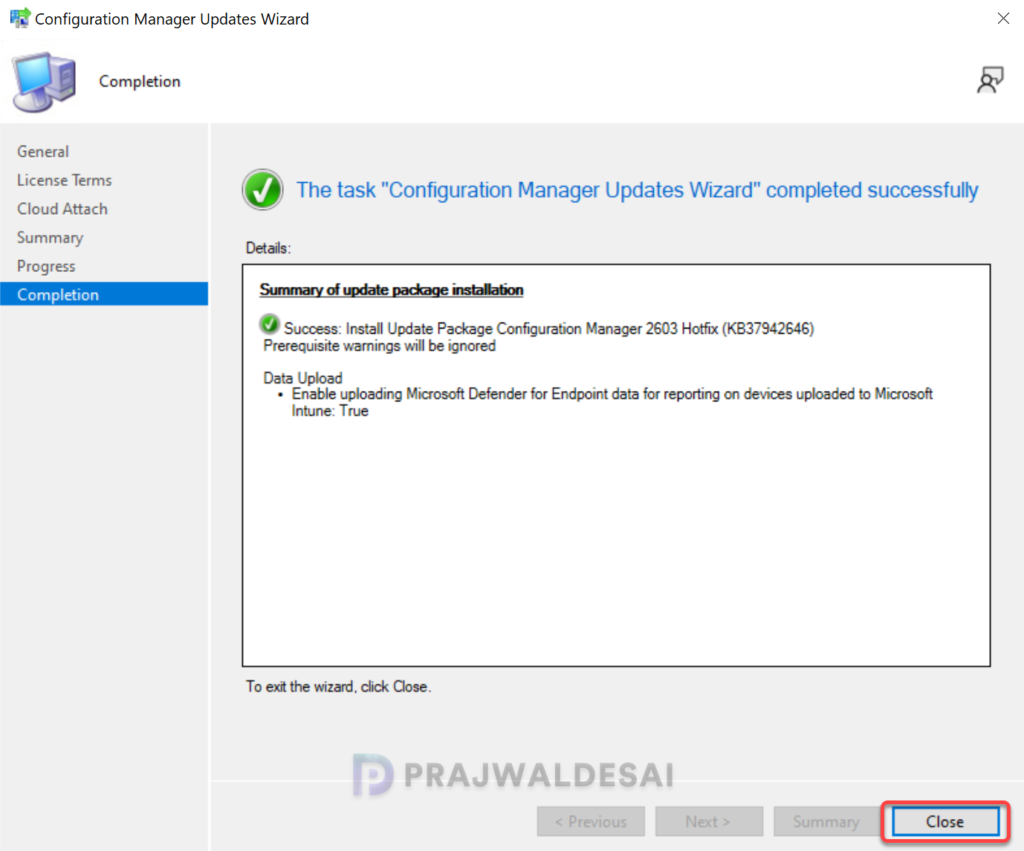 Close Configuration Manager Updates wizard