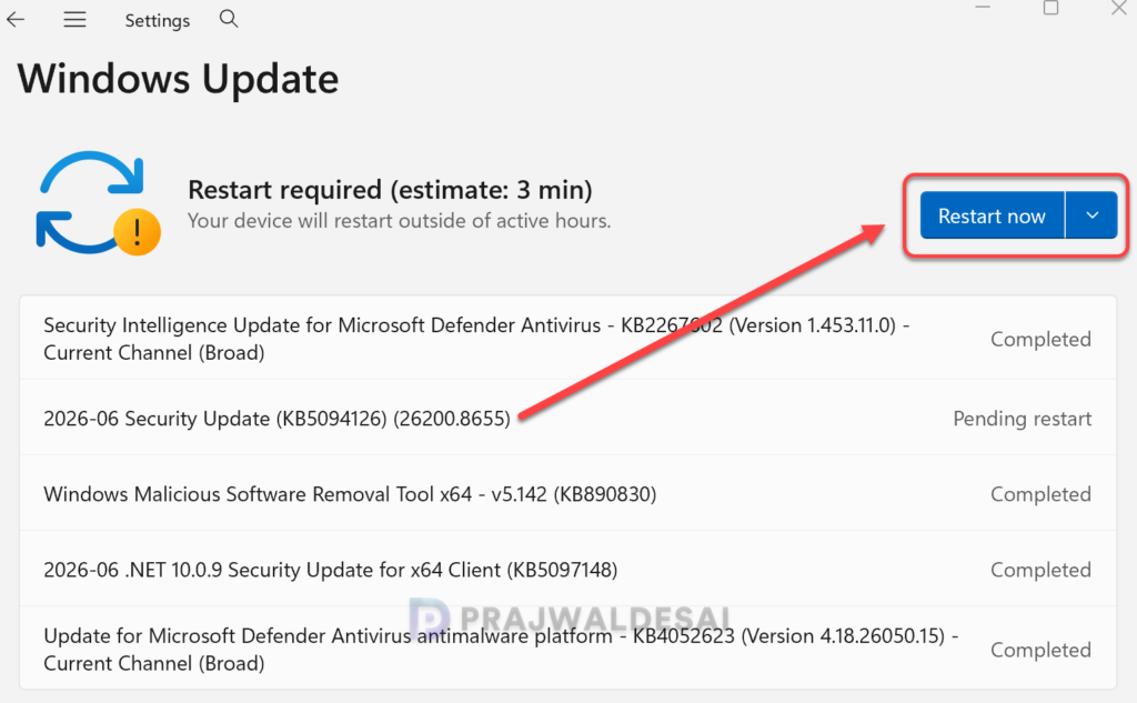 Restart computer to install KB5094126 and KB5097148 updates