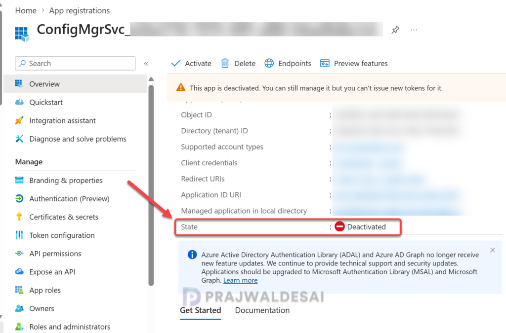 Verify Deactivated App Registration in Entra Admin Center
