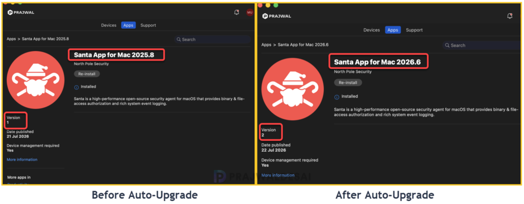 Comparison of PKG app versions before and after automatic upgrades