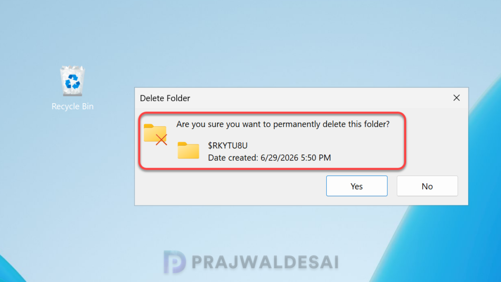Emptying the Recycle Bin shows an internal filename