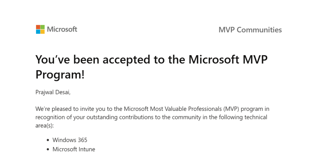 Prajwal Desai MVP Award email from Microsoft