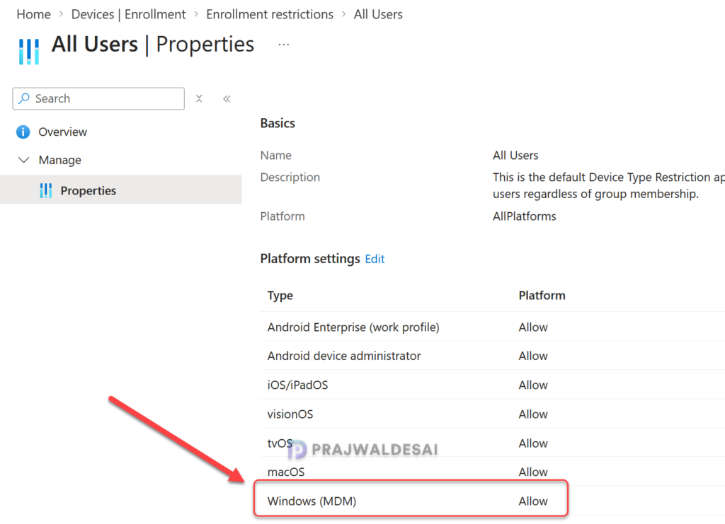 Check Device Platform Restrictions in Intune for Enrollment Error 80180003